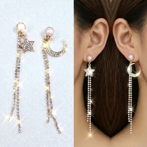 Gold Plated Crystal Star Moon Drop Earrings With Silver Posts